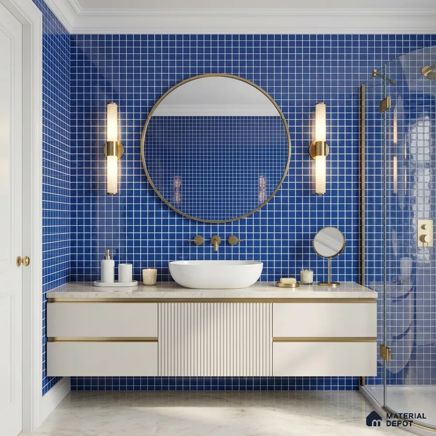Modern Bathroom with Royal Blue Glass Mosaic Wall Tile and Brass Fixtures