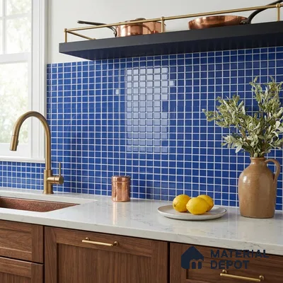 Modern Kitchen with Royal Blue Glass Mosaic Backsplash Tile and Walnut Cabinets