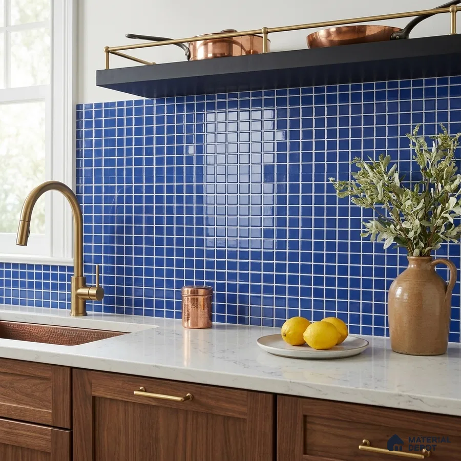 Modern Kitchen with Royal Blue Glass Mosaic Backsplash Tile and Walnut Cabinets