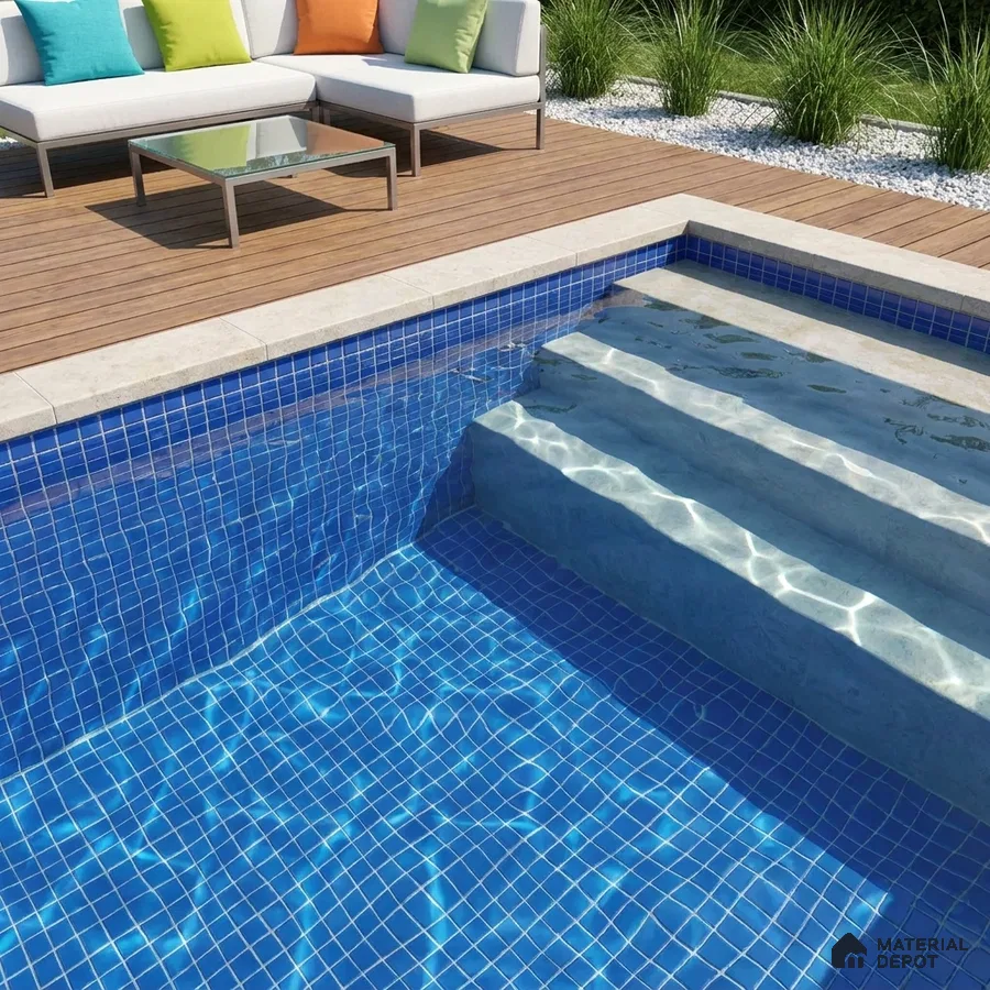 Modern Swimming Pool with Royal Blue Glass Mosaic Tile and Wooden Deck