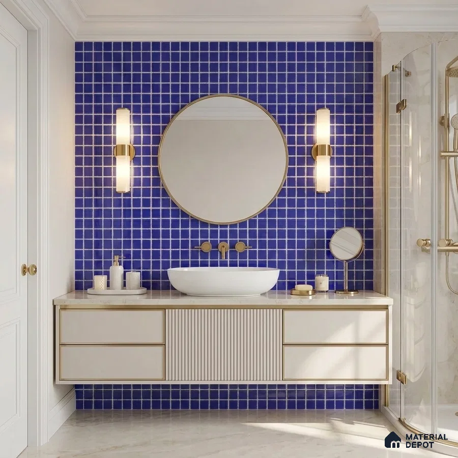 Modern Bathroom with Indigo Blue Glass Mosaic Wall Tile and Brass Fixtures