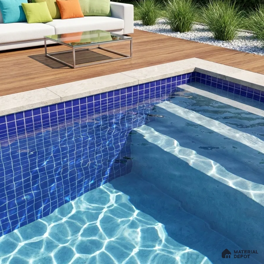 Modern Swimming Pool with Indigo Blue Glass Mosaic Tile and Wooden Deck