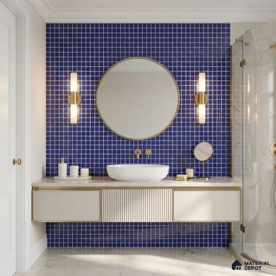 Modern Bathroom with Royal Blue Glass Mosaic Wall Tile and Brass Fixtures