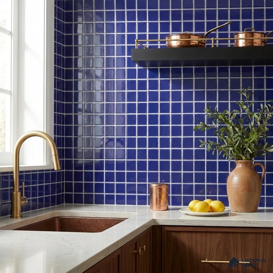 Modern Kitchen with Royal Blue Glass Mosaic Backsplash Tile and Walnut Cabinets
