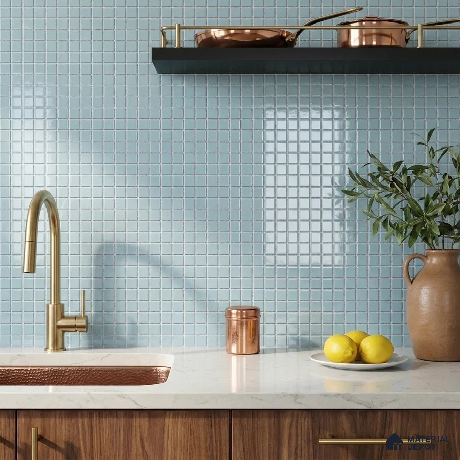 Modern Kitchen with Powder Blue Glass Mosaic Backsplash Tile and Walnut Cabinets