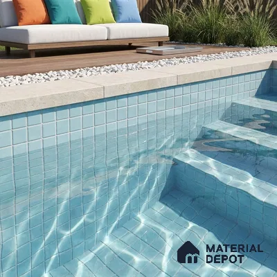 Modern Swimming Pool with Powder Blue Glass Mosaic Tile and Wooden Deck