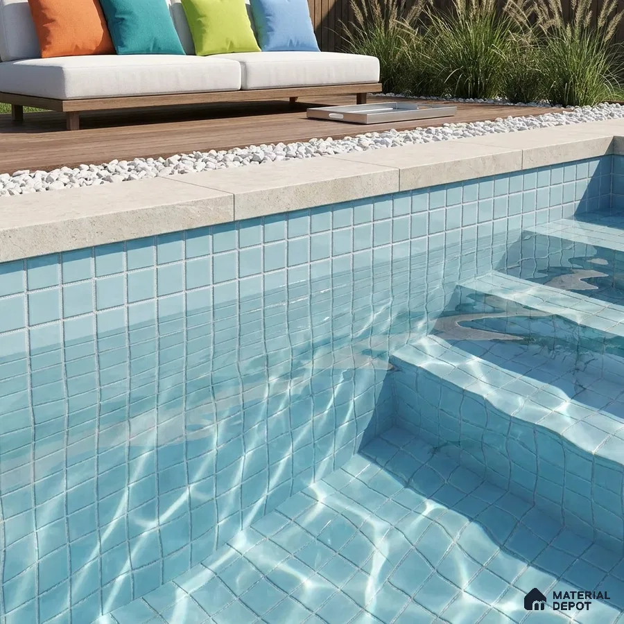 Modern Swimming Pool with Powder Blue Glass Mosaic Tile and Wooden Deck