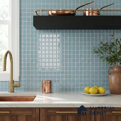 Modern Kitchen with Sky Blue Glass Mosaic Backsplash Tile and Walnut Cabinets