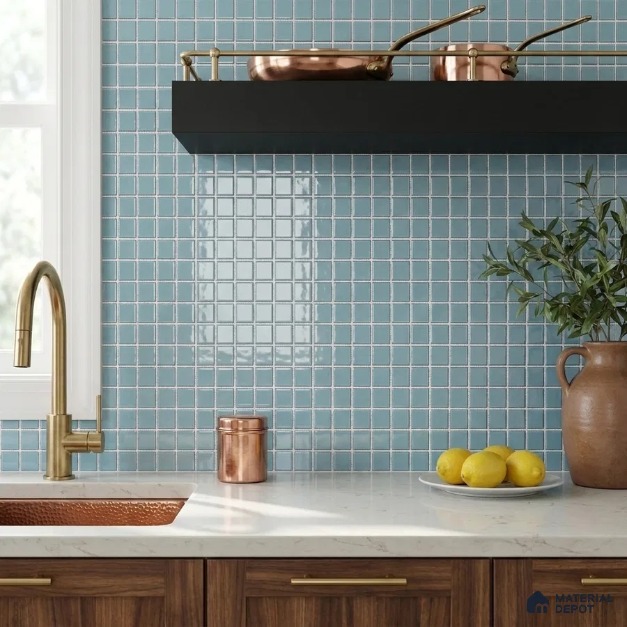 Modern Kitchen with Sky Blue Glass Mosaic Backsplash Tile and Walnut Cabinets