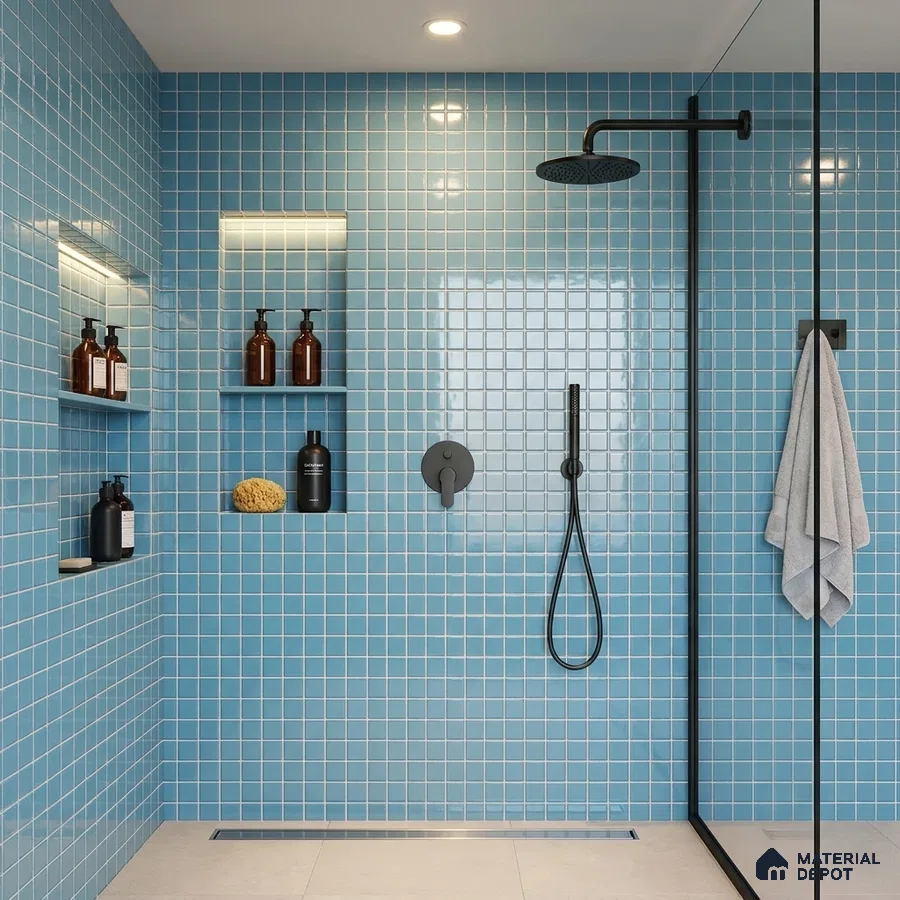 Modern Bathroom with Sky Blue Glass Mosaic Wall Tile and Matte Black Fixtures