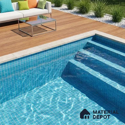 Modern Swimming Pool with Sky Blue Glass Mosaic Tile and Wooden Deck