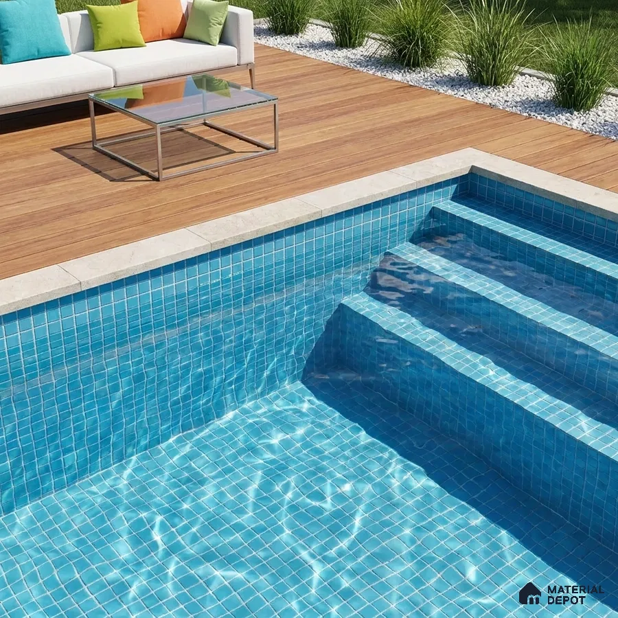 Modern Swimming Pool with Sky Blue Glass Mosaic Tile and Wooden Deck