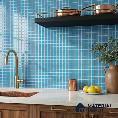 Modern Kitchen with Blue Glass Mosaic Backsplash Tile and Walnut Cabinets