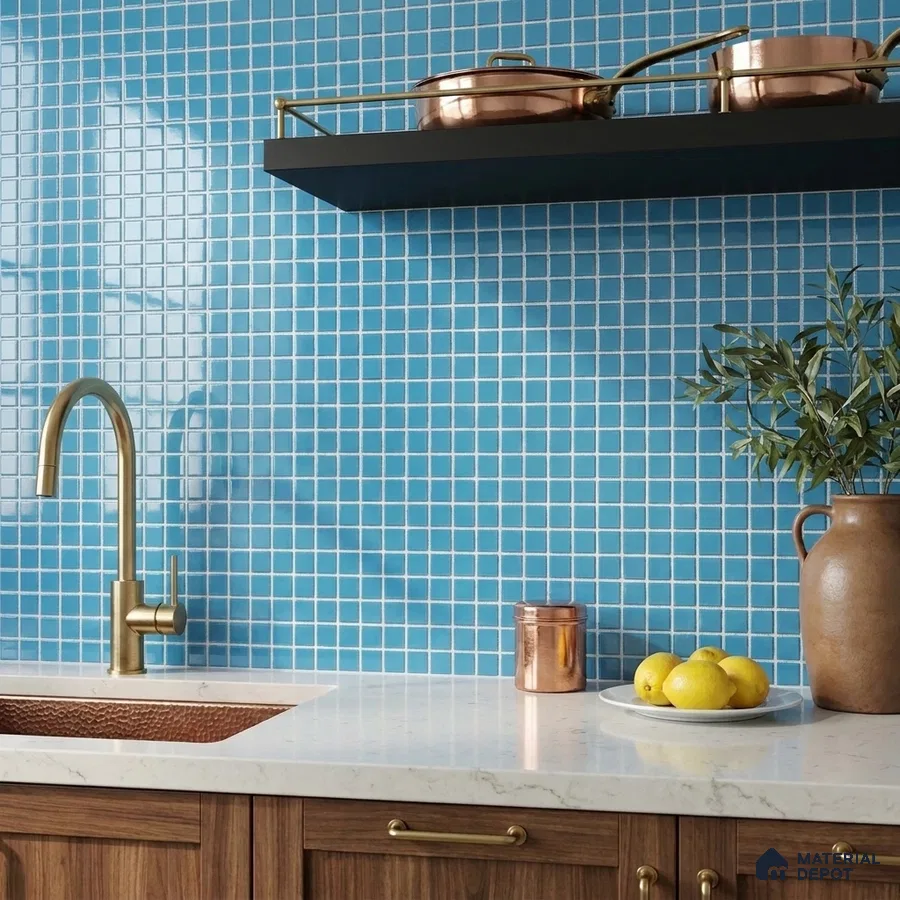 Modern Kitchen with Blue Glass Mosaic Backsplash Tile and Walnut Cabinets