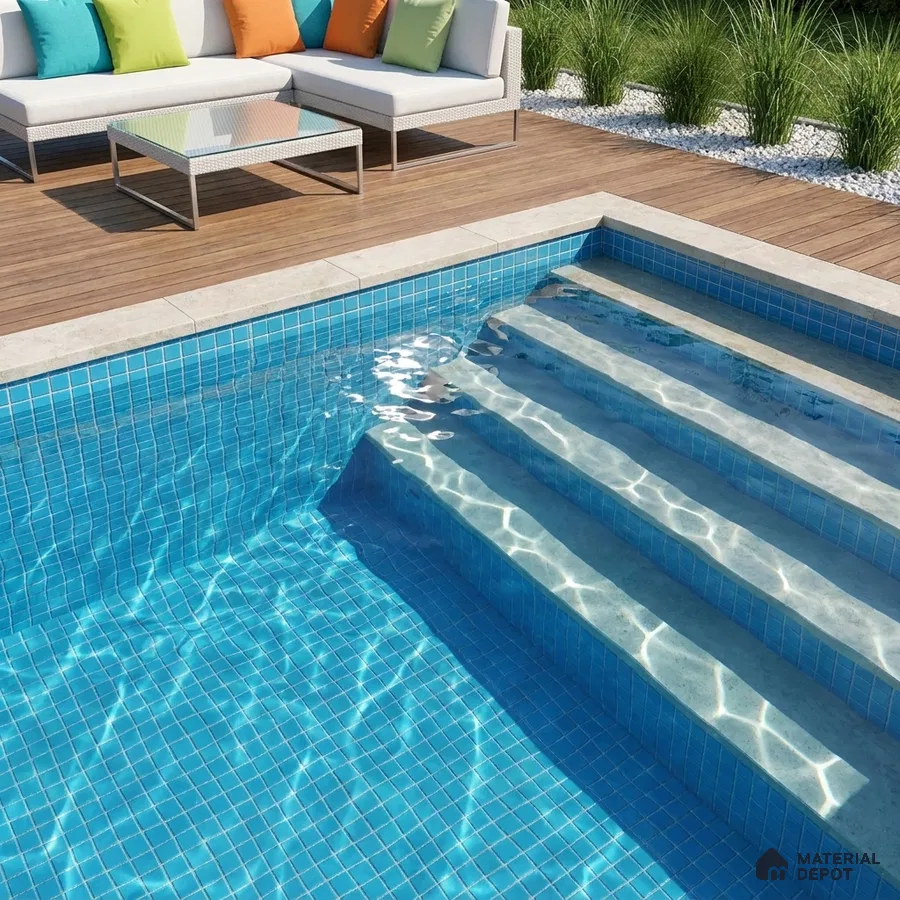 Modern Swimming Pool with Blue Glass Mosaic Tile and Wooden Deck