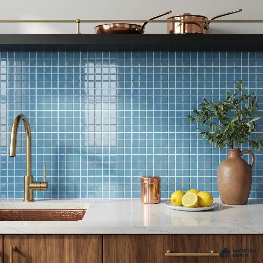 Modern Kitchen with Sky Blue Glass Mosaic Backsplash Tile and Walnut Cabinets