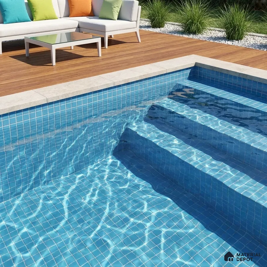 Modern Swimming Pool with Sky Blue Glass Mosaic Tile and Wooden Deck