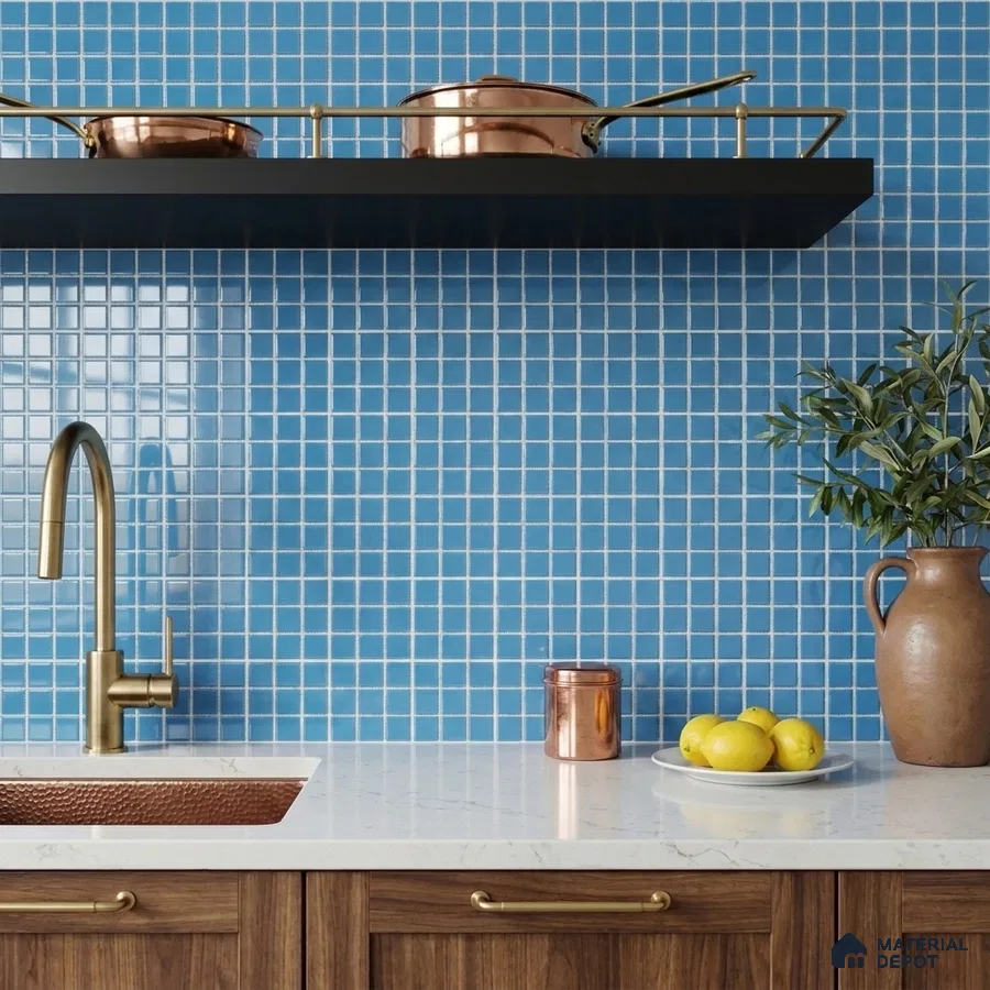 Modern Kitchen with Cornflower Blue Glass Mosaic Backsplash Tile and Walnut Cabinets