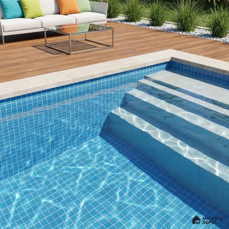Modern Swimming Pool with Cornflower Blue Glass Mosaic Tile and Wooden Deck