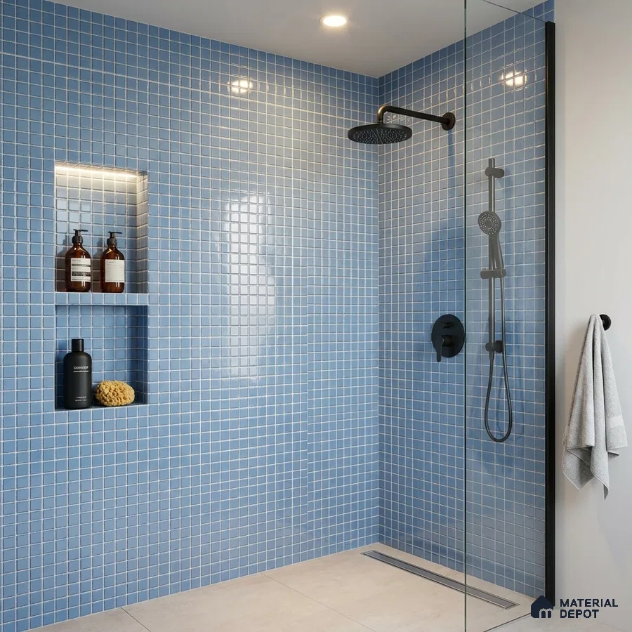 Modern Bathroom with Ocean Blue Glass Mosaic Tile and Black Fixtures
