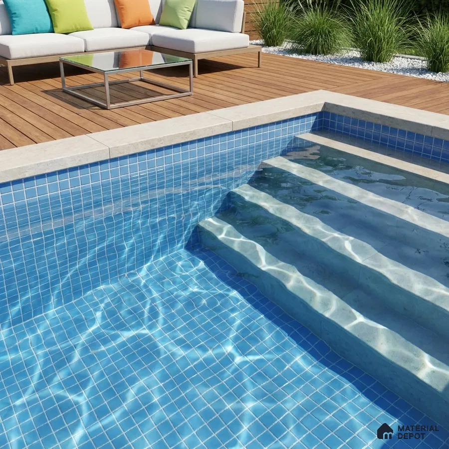 Modern Swimming Pool with Blue Glass Mosaic Tile and Wooden Deck