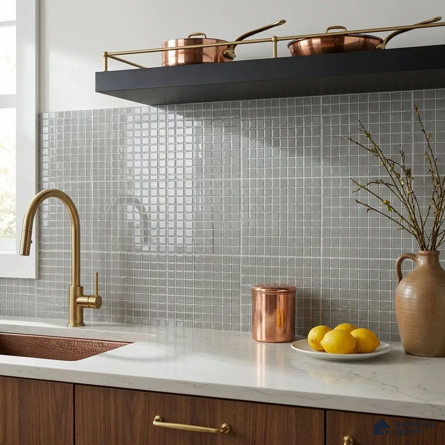 Modern Kitchen with Silver Grey Glass Mosaic Backsplash Tile and Walnut Cabinets