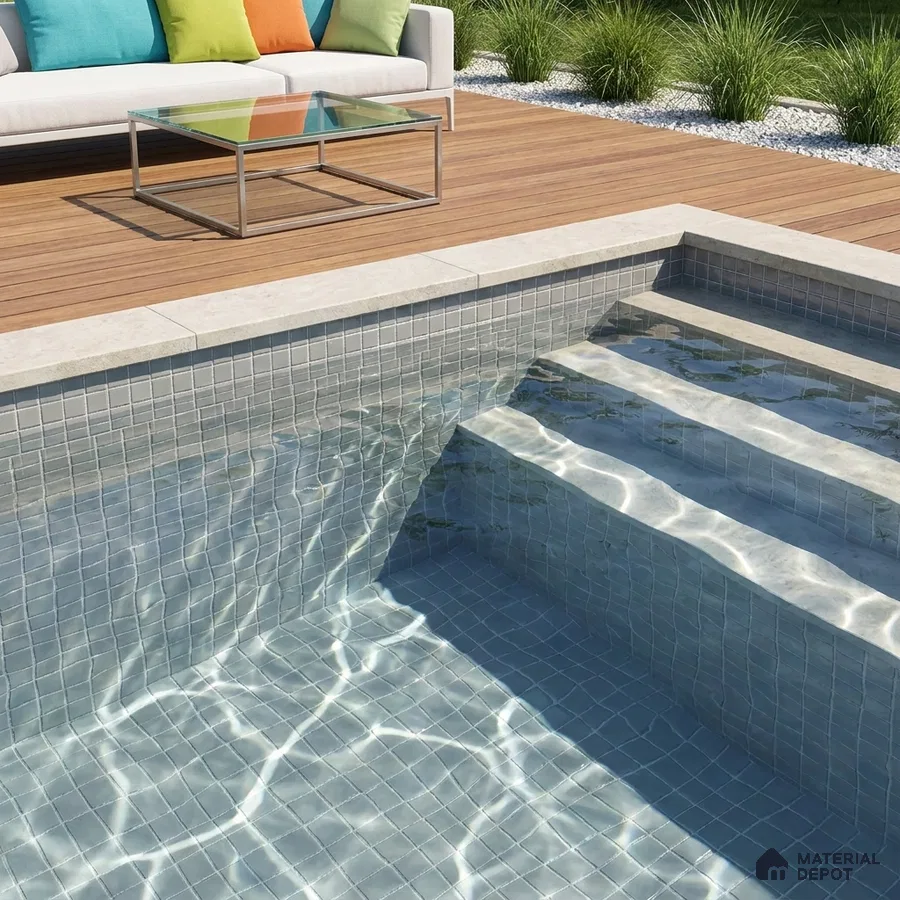Modern Swimming Pool with Silver Grey Glass Mosaic Tile and Wooden Deck
