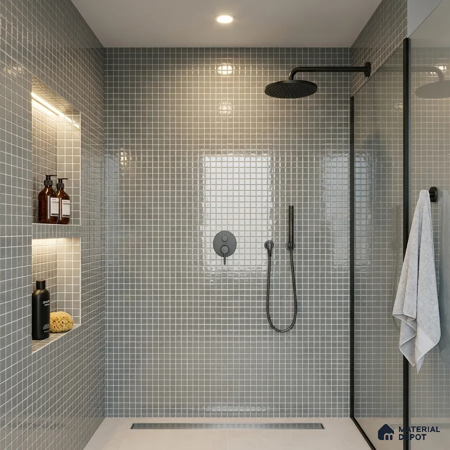 Modern Bathroom with Light Grey Glass Mosaic Tile and Black Fixtures