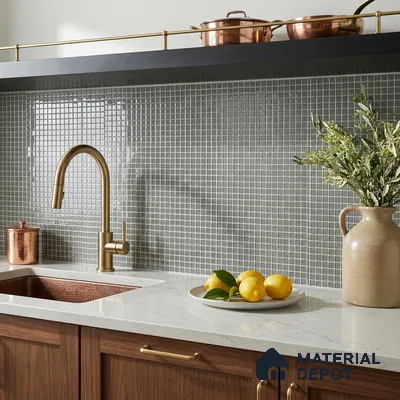 Modern Kitchen with Light Grey Glass Mosaic Backsplash Tile and Walnut Cabinets