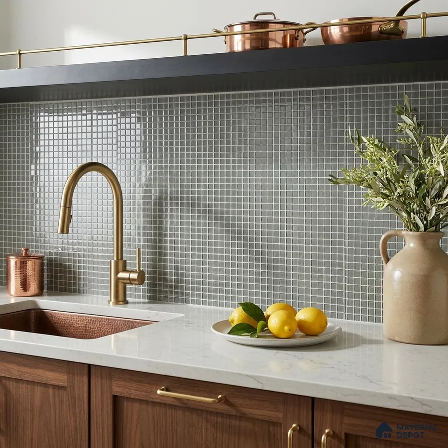 Modern Kitchen with Light Grey Glass Mosaic Backsplash Tile and Walnut Cabinets