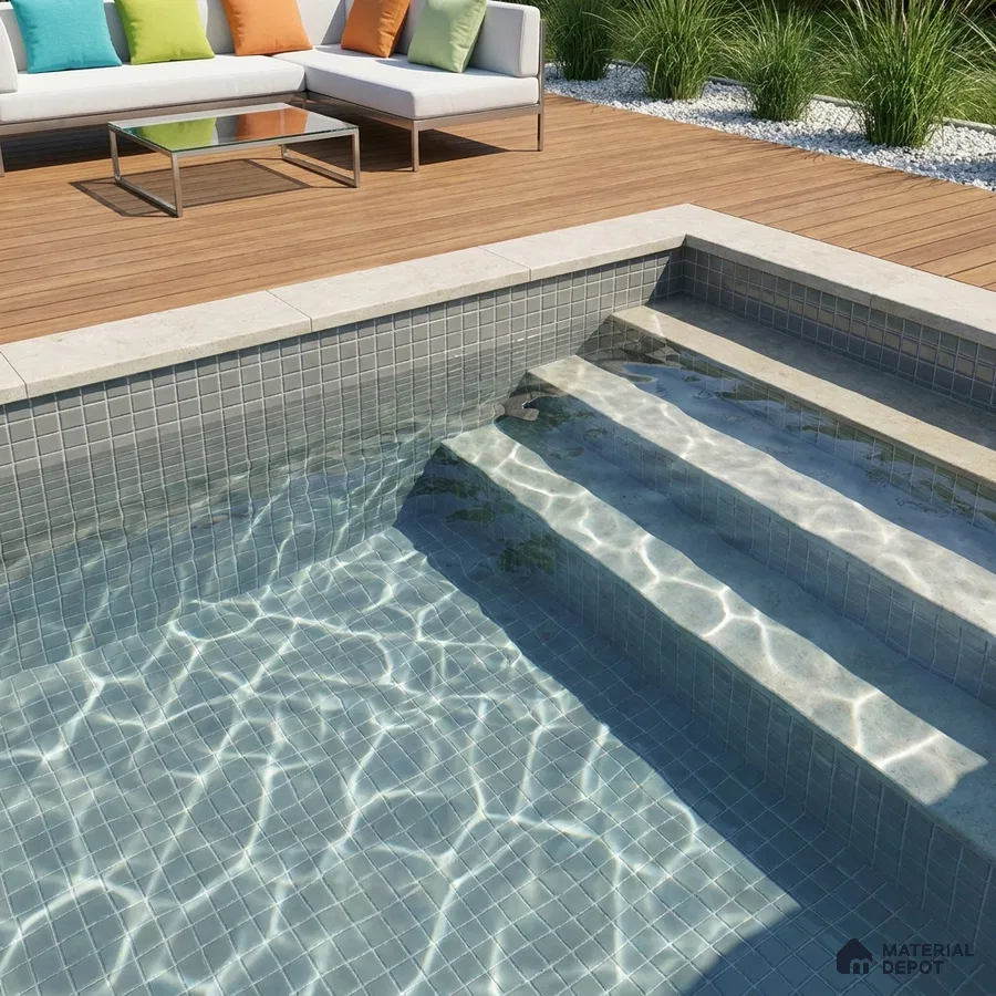 Modern Swimming Pool with Light Grey Glass Mosaic Tile and Wooden Deck