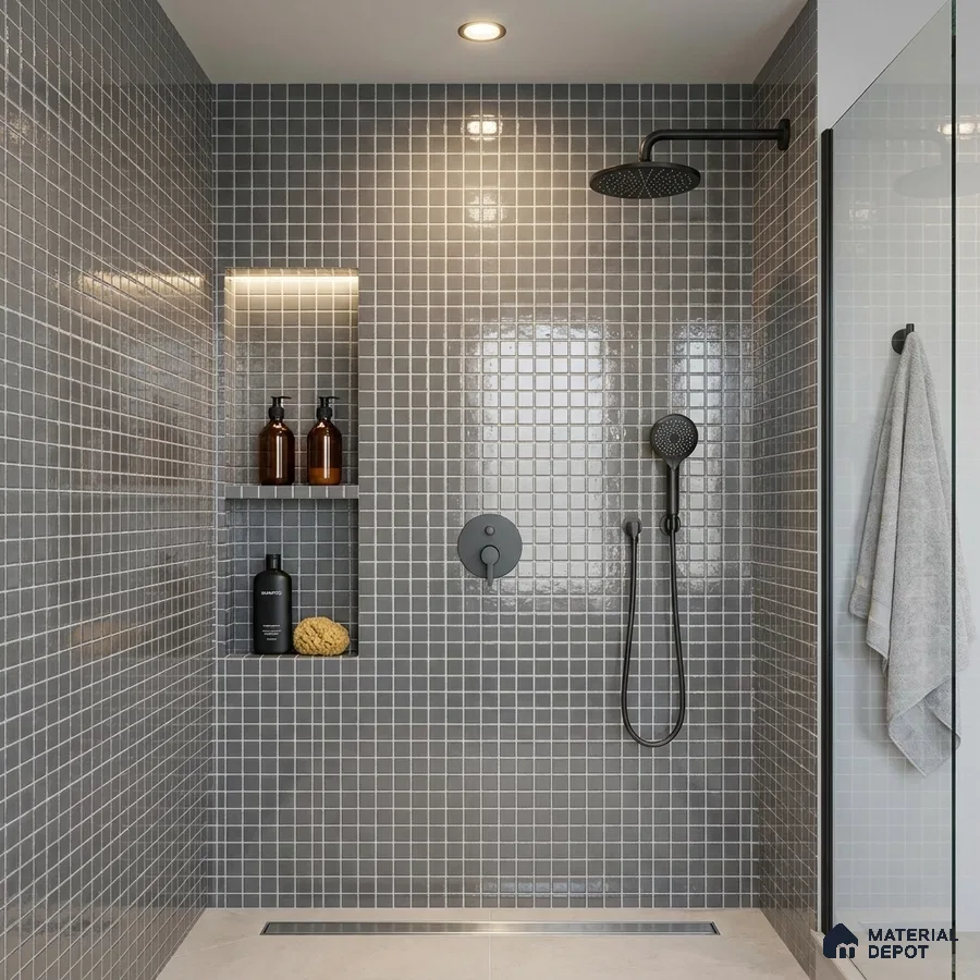 Modern Bathroom with Grey Glass Mosaic Shower Wall Tile and Matte Black Fixtures