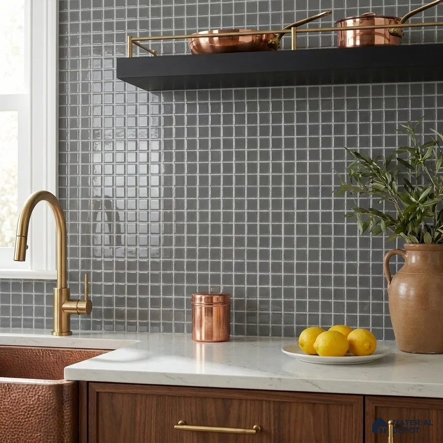 Modern Kitchen with Grey Glass Mosaic Backsplash Tile and Walnut Cabinets