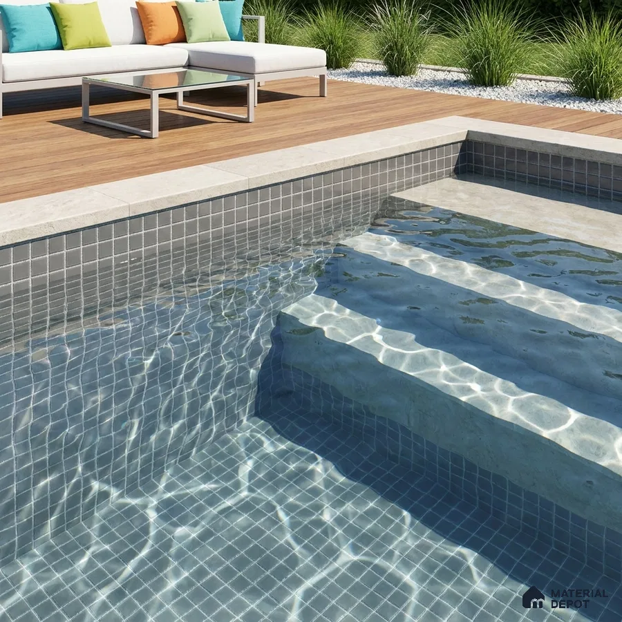 Modern Swimming Pool with Grey Glass Mosaic Tile and Wooden Deck