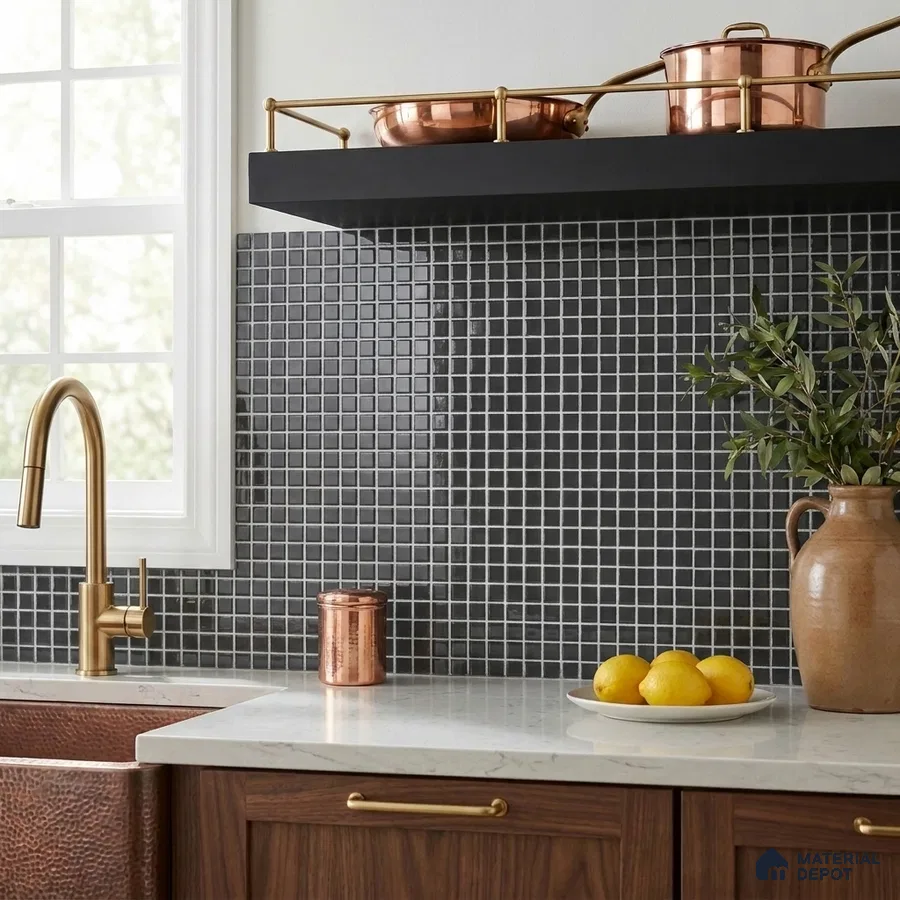 Modern Kitchen with Charcoal Black Glass Mosaic Backsplash Tile and Walnut Cabinets