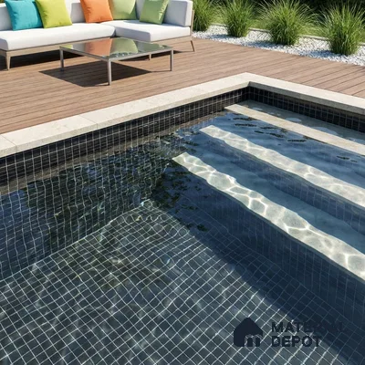 Modern Swimming Pool with Charcoal Black Glass Mosaic Tile and Wooden Deck