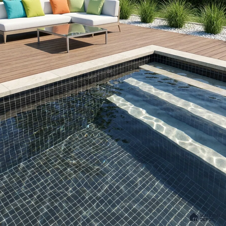 Modern Swimming Pool with Charcoal Black Glass Mosaic Tile and Wooden Deck