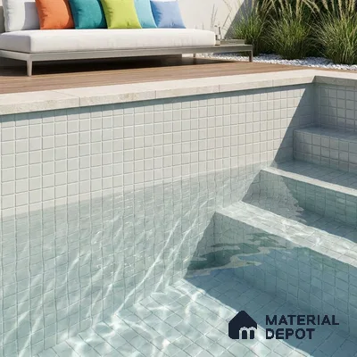 Modern Swimming Pool with Frosty White Glass Mosaic Tile and Wooden Deck