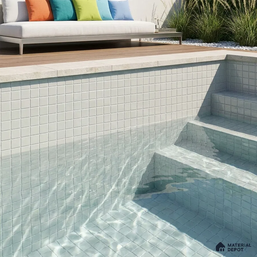 Modern Swimming Pool with Frosty White Glass Mosaic Tile and Wooden Deck