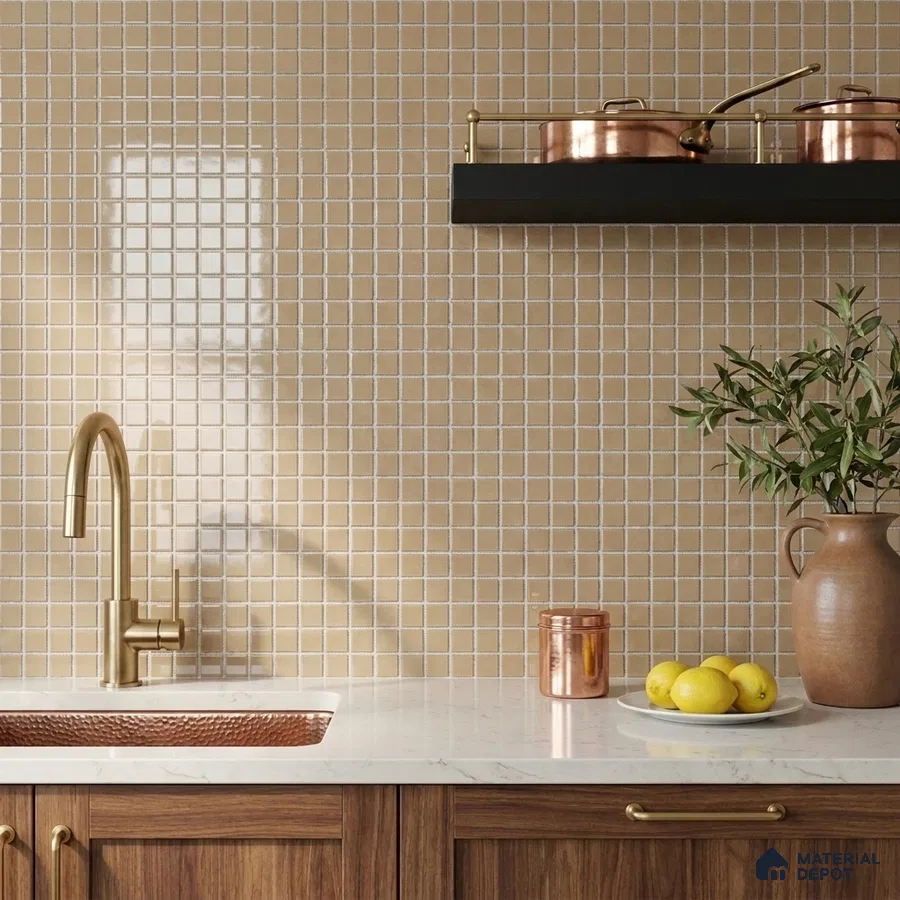 Modern Kitchen with Sand Beige Glass Mosaic Backsplash Tile and Walnut Cabinets