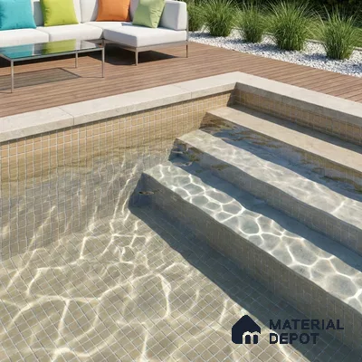 Modern Swimming Pool with Sand Beige Glass Mosaic Tile and Wooden Deck