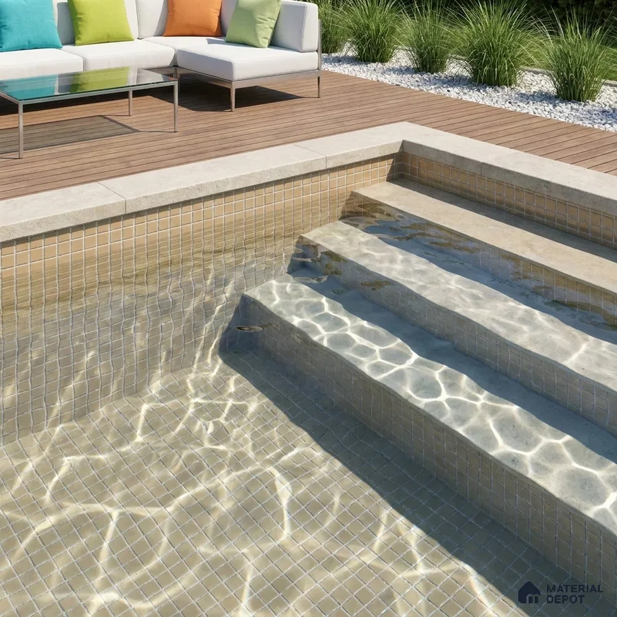Modern Swimming Pool with Sand Beige Glass Mosaic Tile and Wooden Deck