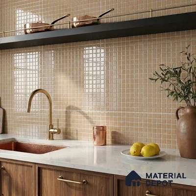 Modern Kitchen with Warm Camel Glass Mosaic Backsplash Tile and Walnut Cabinets