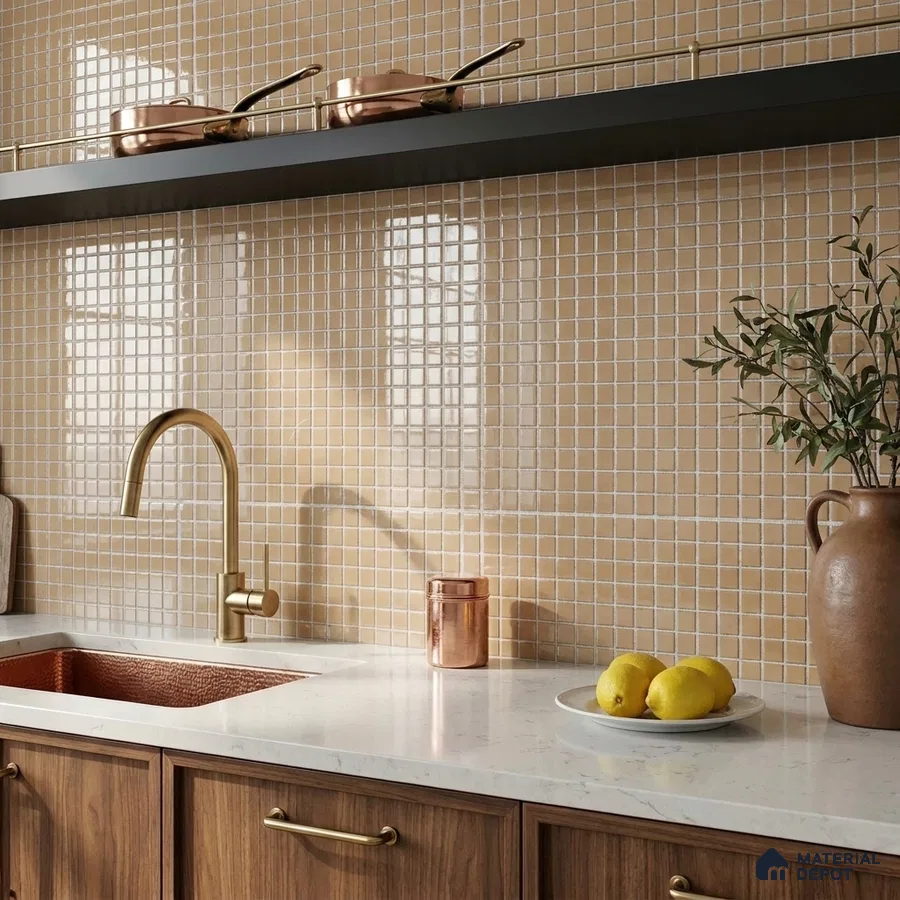 Modern Kitchen with Warm Camel Glass Mosaic Backsplash Tile and Walnut Cabinets