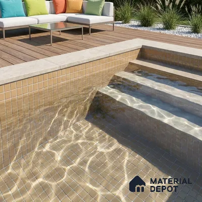 Modern Swimming Pool with Warm Camel Glass Mosaic Tile and Wooden Deck