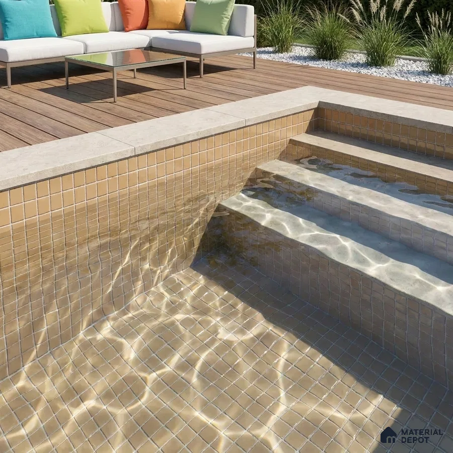 Modern Swimming Pool with Warm Camel Glass Mosaic Tile and Wooden Deck