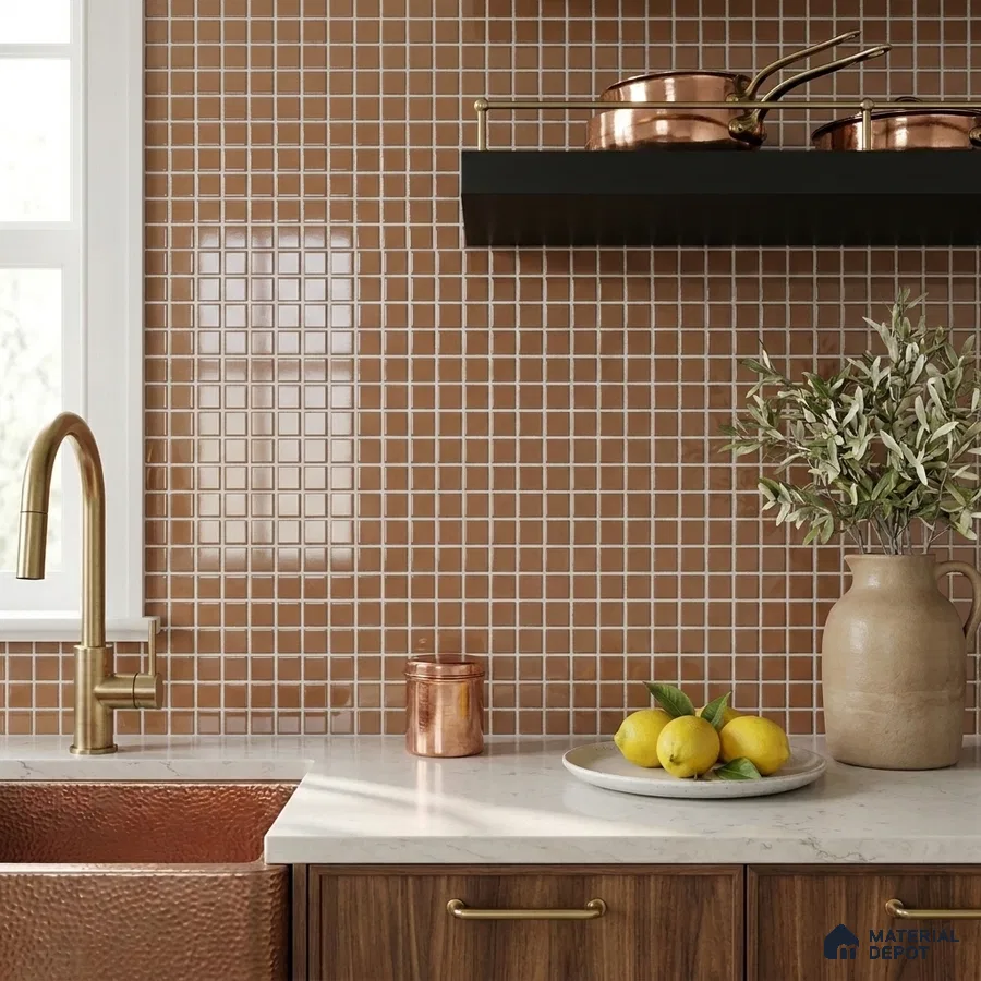 Modern Kitchen with Terracotta Brown Glass Mosaic Backsplash Tile and Walnut Cabinets