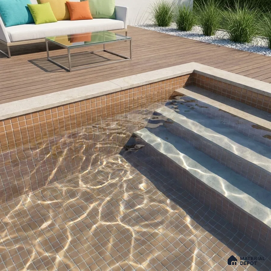 Modern Swimming Pool with Terracotta Brown Glass Mosaic Tile and Wooden Deck