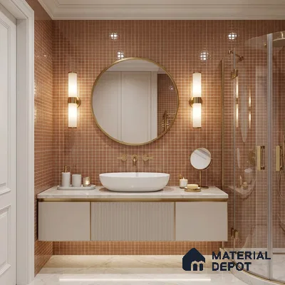 Modern Bathroom with Dusty Rose Terracotta Glass Mosaic Wall Tile and Brass Fixtures