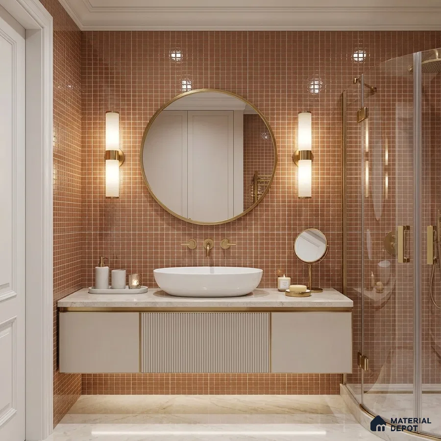 Modern Bathroom with Dusty Rose Terracotta Glass Mosaic Wall Tile and Brass Fixtures
